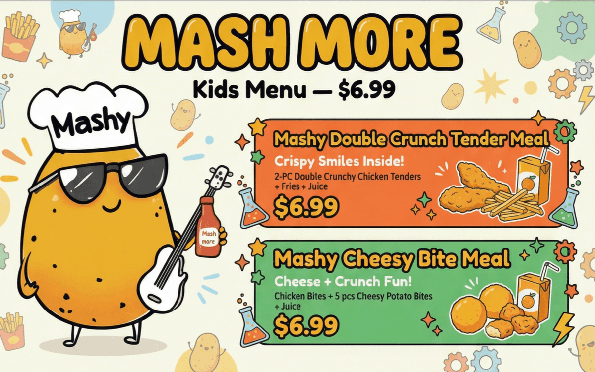 MashMore kids menu — Mashy Double Crunch Tender Meal and Mashy Cheesy Bite Meal, $6.99 each