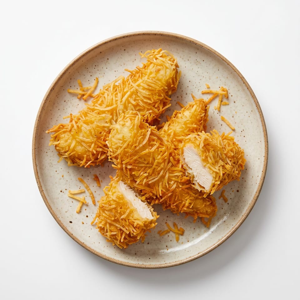 Golden shredded-potato-crusted fish pieces arranged on a speckled ceramic plate, with white flaky fish visible through broken crust.