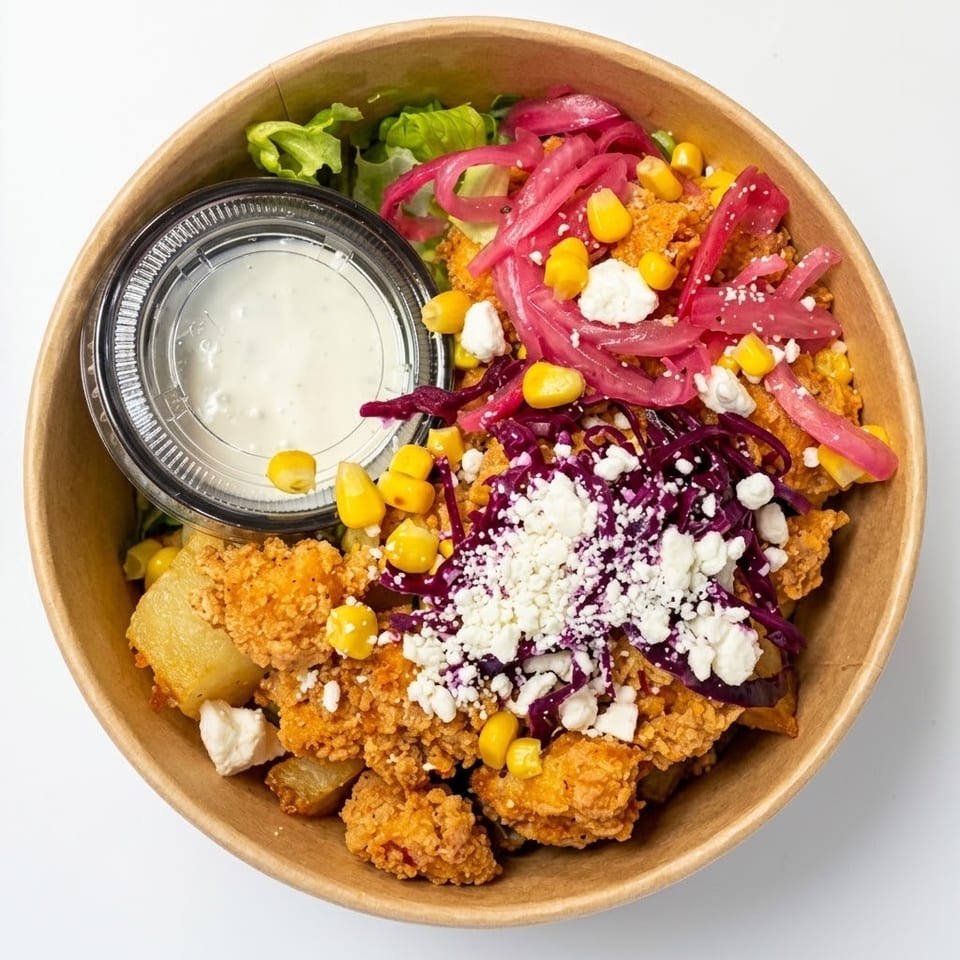 Bowl of crispy fried chicken and potatoes topped with corn, pickled onions, shredded cabbage, feta, greens, and creamy dressing.