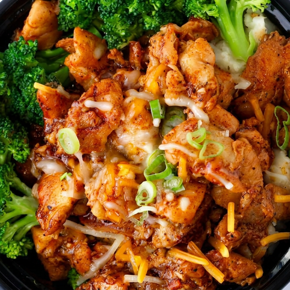 Crispy chicken pieces topped with melted cheese and green onions, served with broccoli in a black bowl.