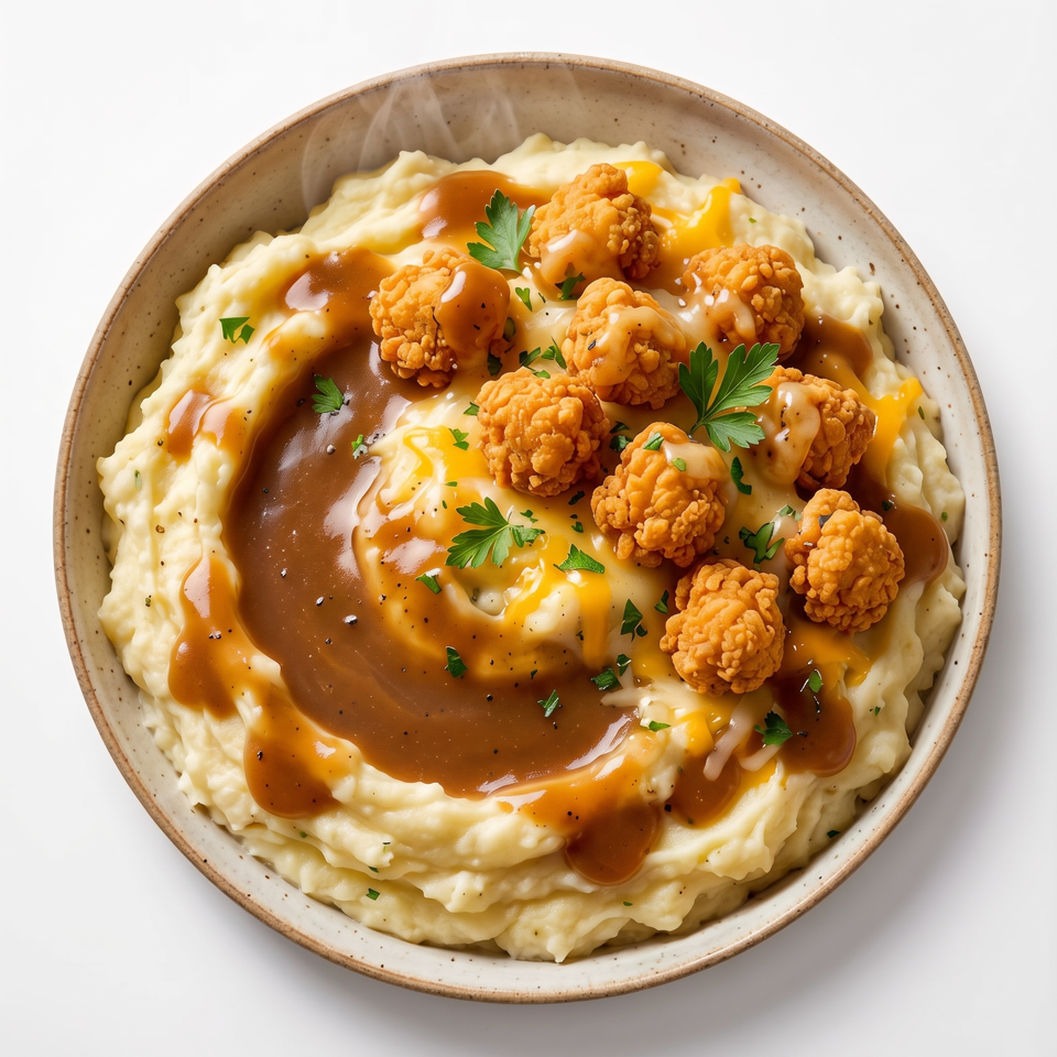 Mashed potatoes topped with fried chicken pieces, gravy, runny eggs, parsley, and black pepper in a ceramic bowl.