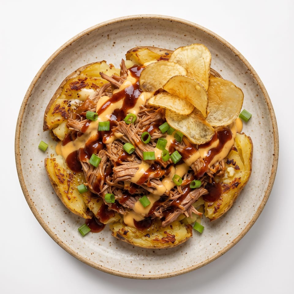 Loaded baked potato topped with pulled meat, thin noodles, potato chips, sauces, and sliced green onions on a ceramic plate.