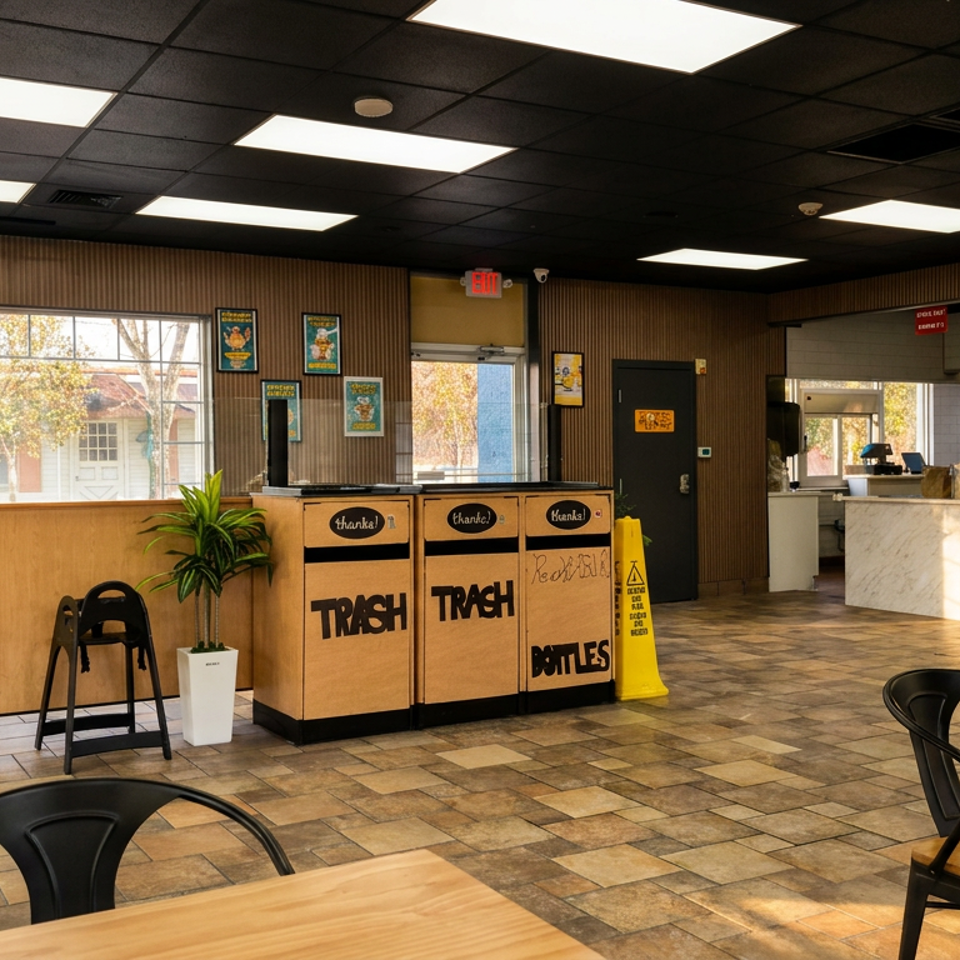 Bright restaurant dining area with wooden tables, black chairs, framed posters, tiled floors, and labeled trash bins near the counter.