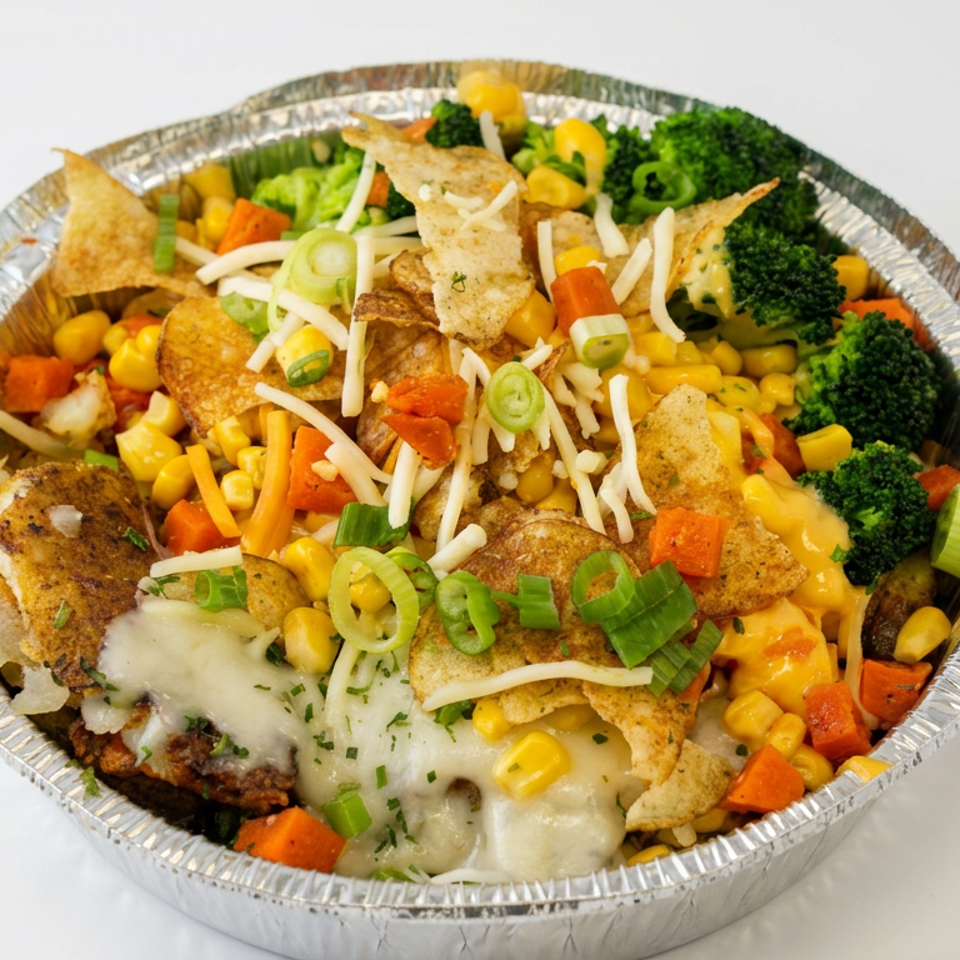 Loaded foil tray featuring cheesy potato bites, corn, carrots, broccoli, tortilla chips, shredded cheese, and green onions.