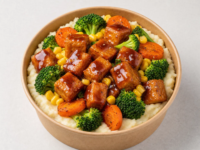 Honey BBQ Crispy Tofu Mash Bowl.